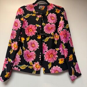 Anthracite Silk Blazer Womens 4 Black Pink Floral Bow‎ Open Front Jacket Excel